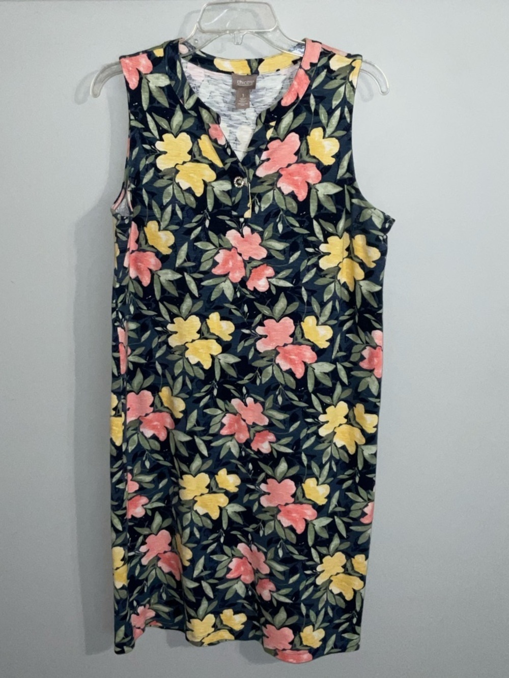 Chico's Navy Sleeveless Floral T-Shirt Shift Dress Size1/Small